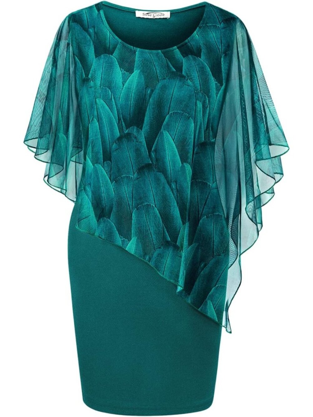 Women's Green Crew Neck Mesh Cape Overlay Knee Length Pencil Midi Bodycon Dress